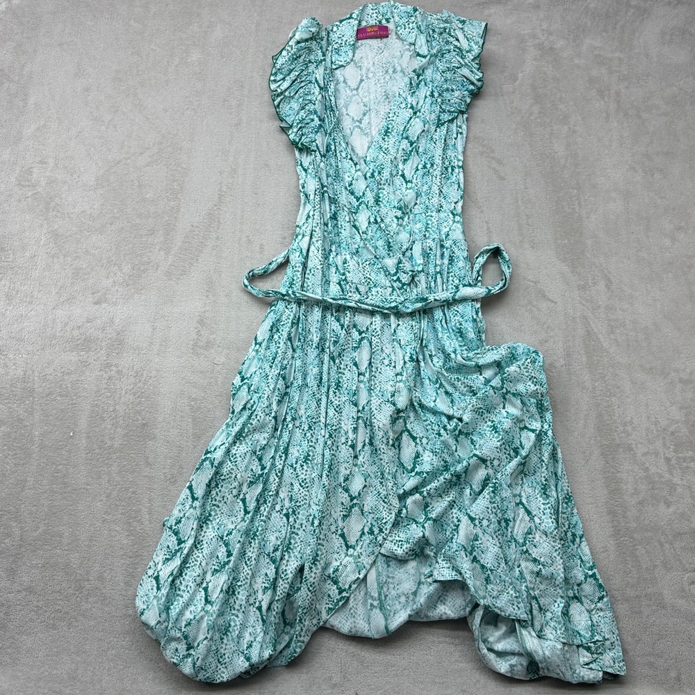 Feather & Find Wrap Dress Womens XS Teal Snakeskin Ruffle Cap Sleeve Midi Resort